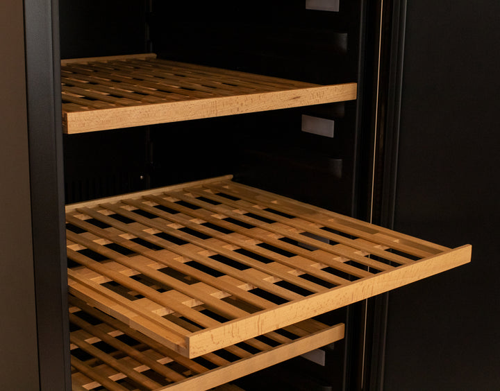 Shelves extend to rear bottles