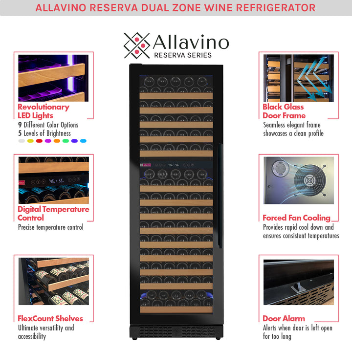 Allavino Reserva VSW71LD-2BGL LED black glass dual zone wine refrigerator