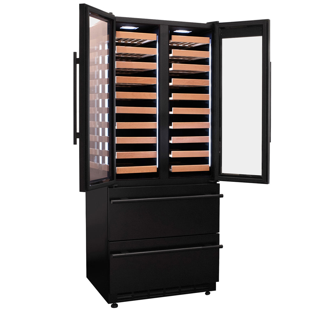 Allavino YHWR7731FD-B black french doors three zone wine refrigerator with two refrigerated drawers