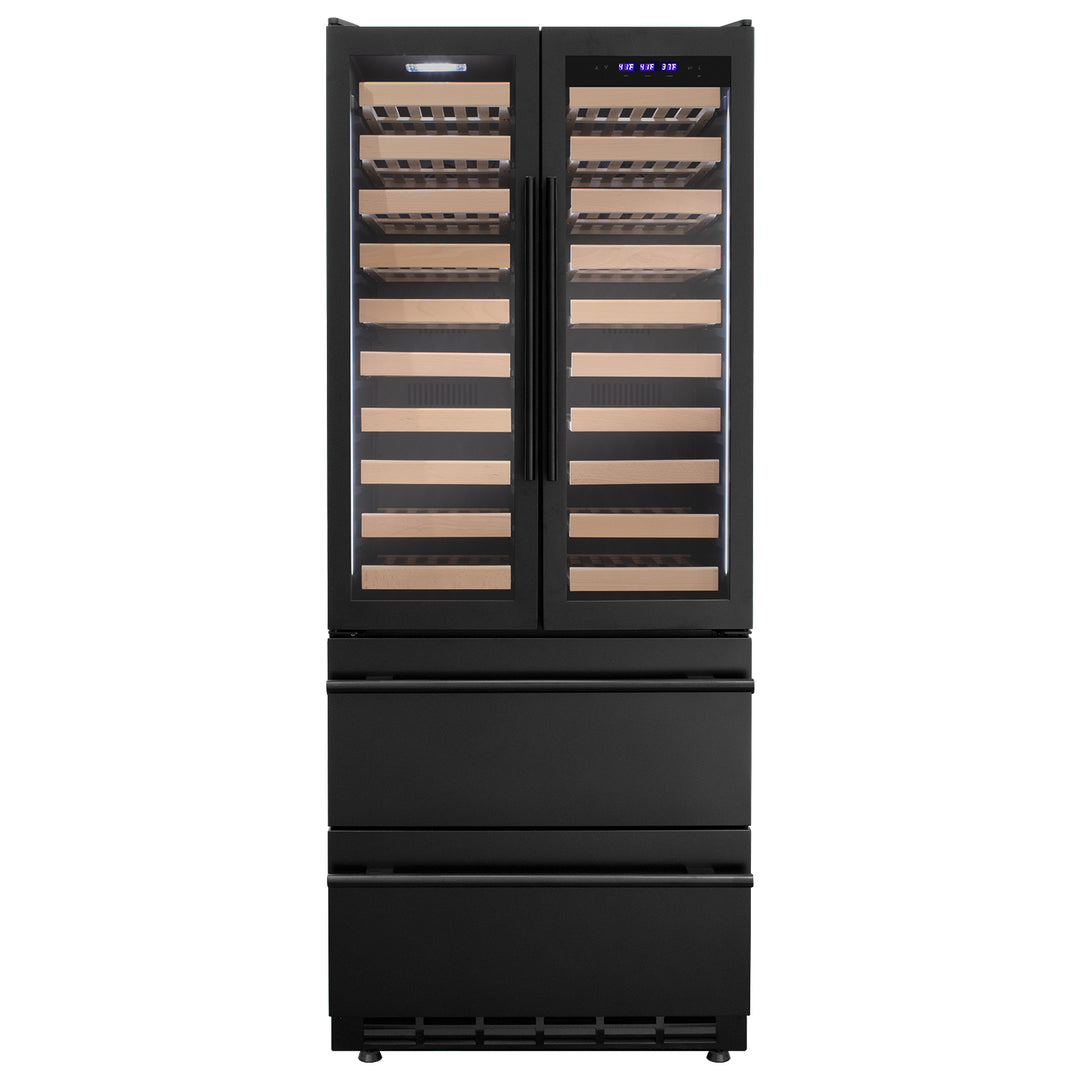 Allavino YHWR7731FD-B black french doors three zone wine refrigerator with two refrigerated drawers