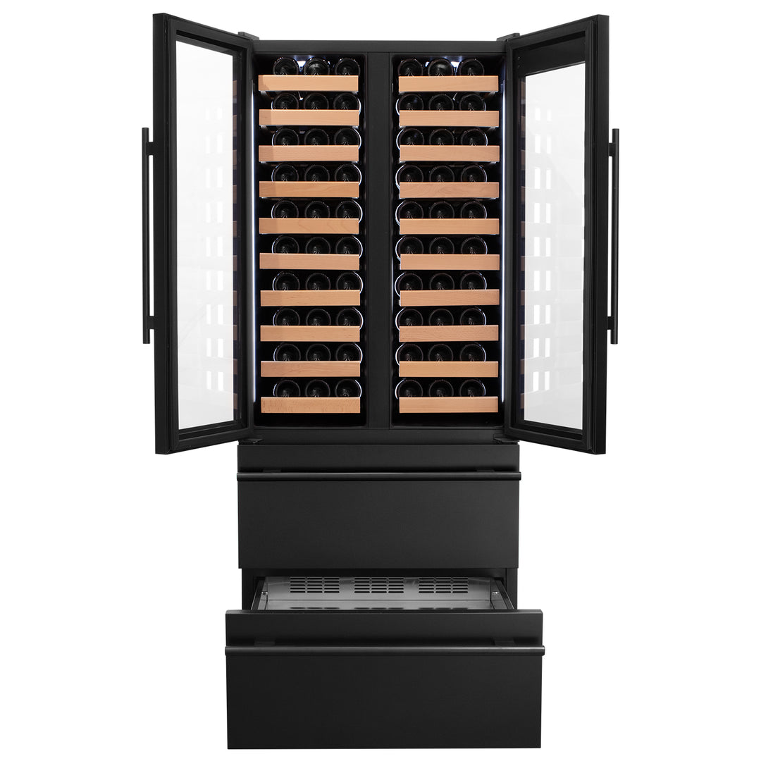 Allavino YHWR7731FD-B black french doors three zone wine refrigerator with two refrigerated drawers