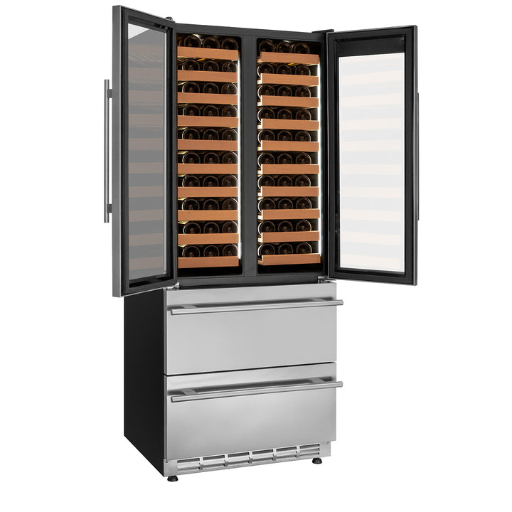 Allavino YHWR7731FD-S stainless steel french doors three zone wine refrigerator with two refrigerated drawers