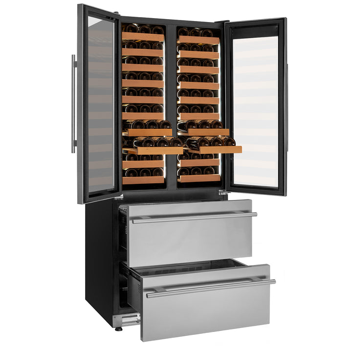 Allavino YHWR7731FD-S stainless steel french doors three zone wine refrigerator with two refrigerated drawers