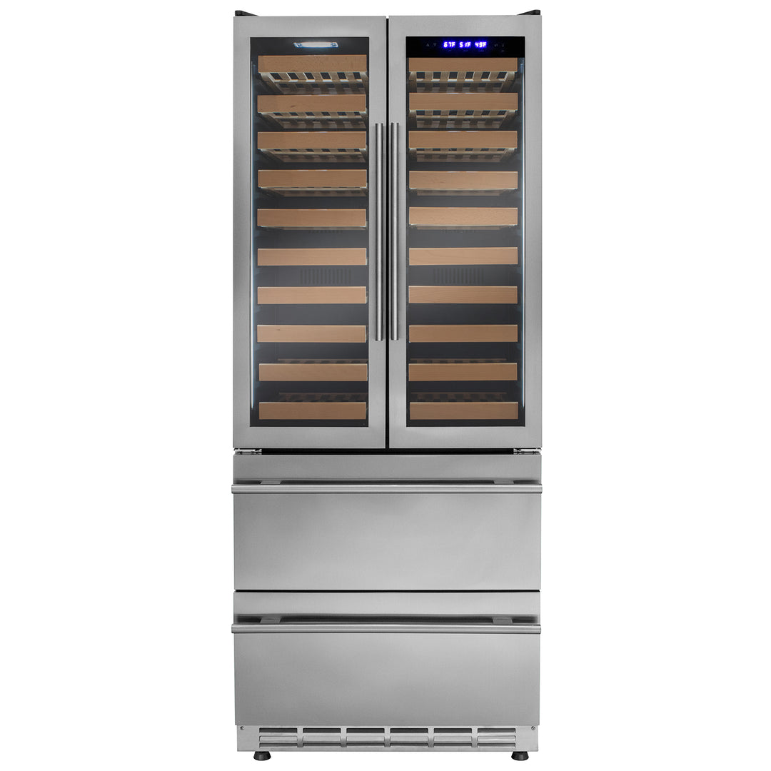 Allavino YHWR7731FD-S stainless steel french doors three zone wine refrigerator with two refrigerated drawers