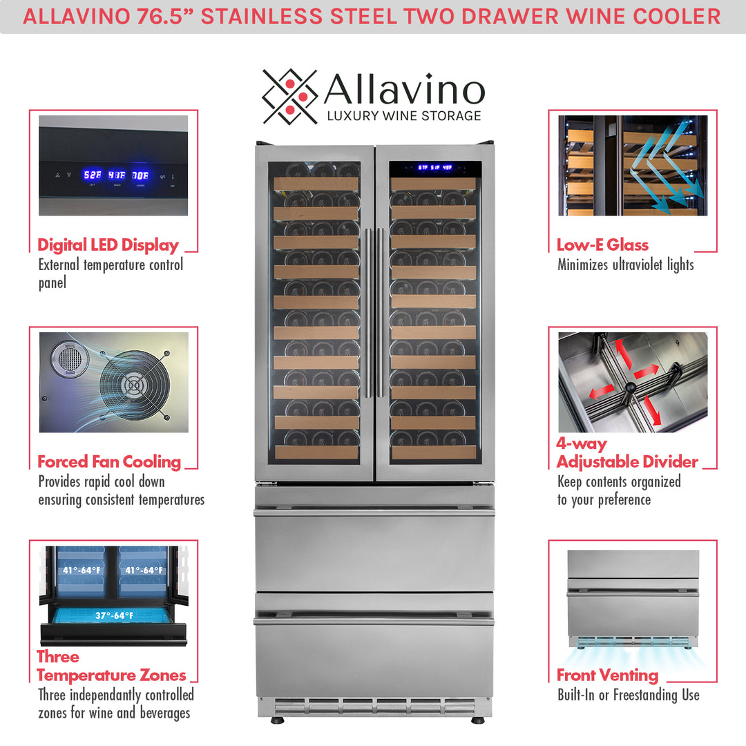 Allavino YHWR7731FD-S stainless steel french doors three zone wine refrigerator with two refrigerated drawers